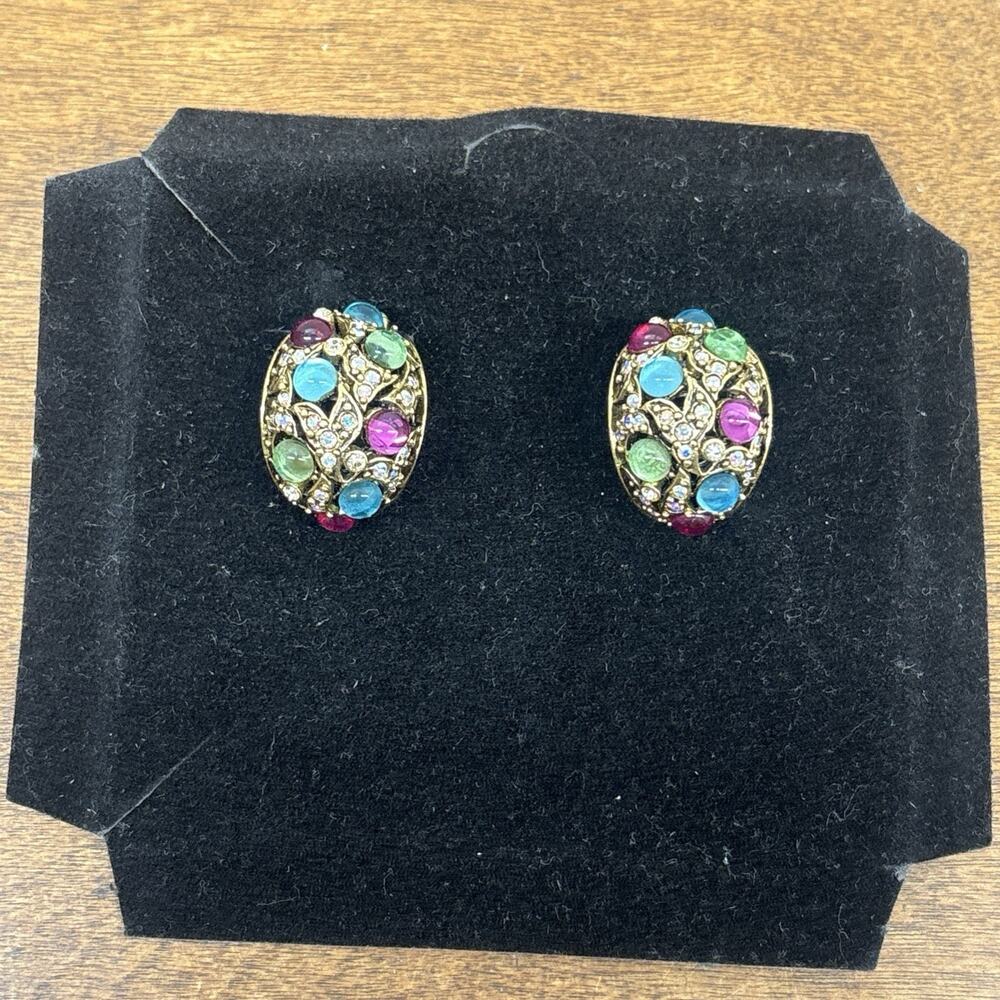 Joan Rivers Earrings Rhinestone Half Hoop Pastel Jewel Cabochon Fruit Salad